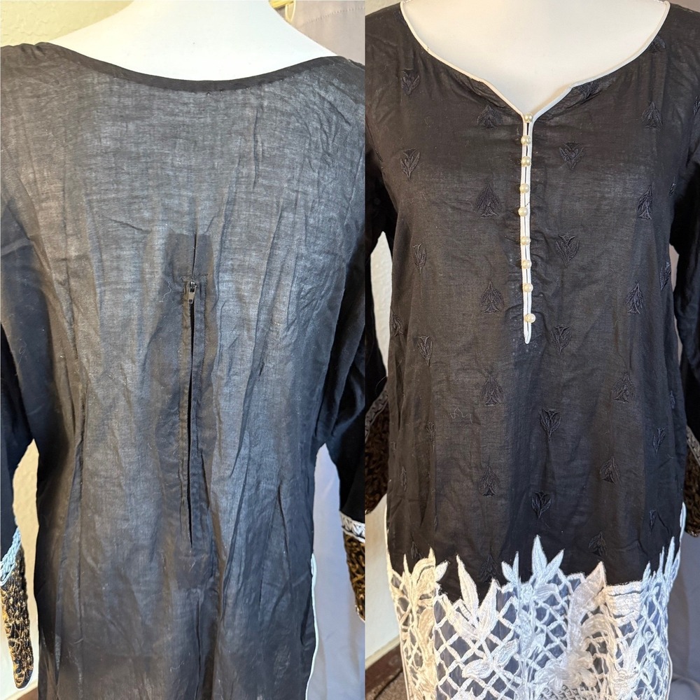 Womens Black Embroidered Kurti Tunic Top White Lace Hem Pearl Detail - Picture 3 of 6